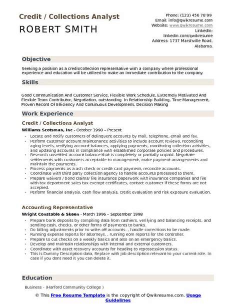 Check spelling or type a new query. Credit Collections Analyst Resume Samples | QwikResume
