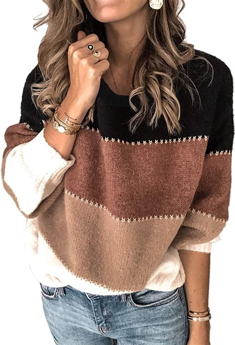 Angashion Womens Sweaters Casual Long Sleeve Crewneck Color Block