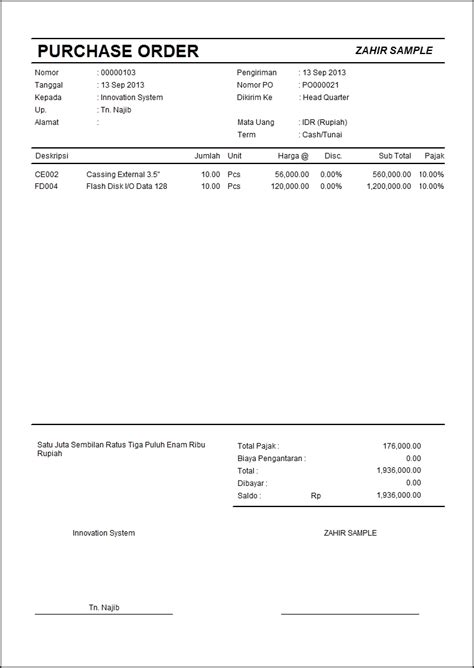 Contoh Purchase Order Software Akuntansi Terbaik Zahir