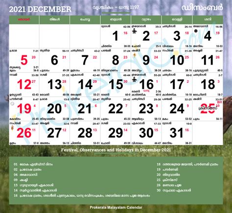 Malayalam Calendar 2021 December