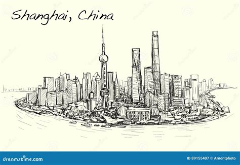 Shanghai Skyline China Buildings Vector Linear Art