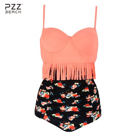 Plus Size Swimwear Women 2017 Floral Print Tassel Swimsuit High Waist