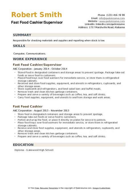 Fast Food Cashier Resume Samples Qwikresume