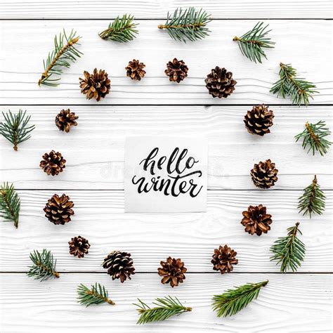Hello Winter Hand Lettering Winter Pattern With Pinecones And Spruce