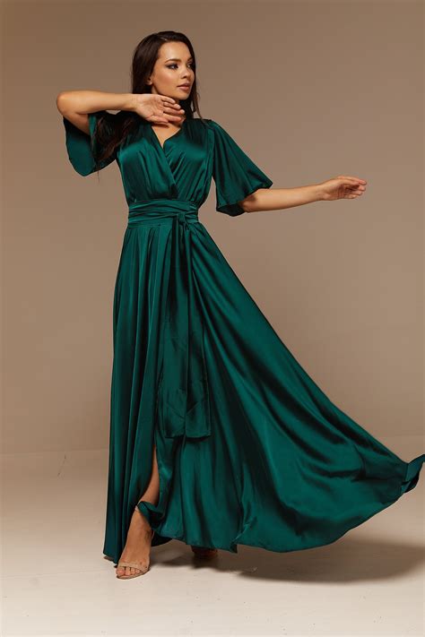 Emerald Green Silk Full Wrap Maxi Dress Summer Bridesmaid Etsy Hong Kong