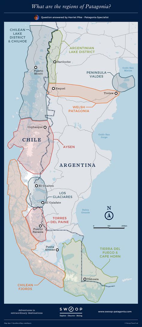 Map showing regions of Patagonia. Patagonia stretches across Chile and
