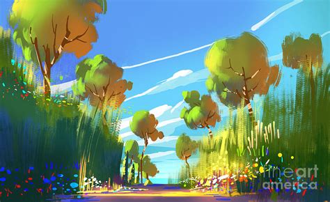 Digital Painting Of Colorful Forest Digital Art By Tithi Luadthong Pixels