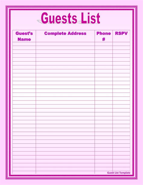 Free Printable Guest List Template Printable Templates Free