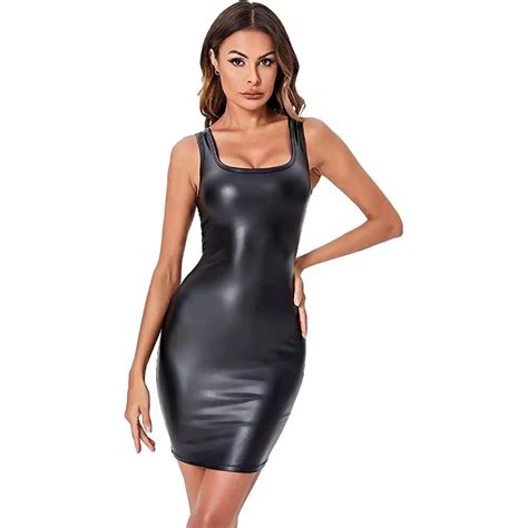 Vestido De Cuero Suave Sin Mangas Para Mujer Minivestido Sexy Er Tico Ajustado Con Cuello Halter