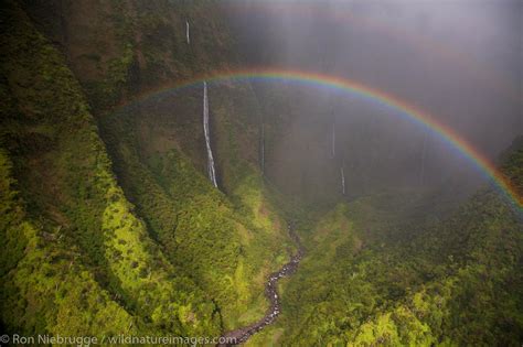 Aerial Of A Rainbow And Waterfalls Kauai Hawaii Ron Niebrugge