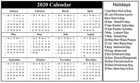 Year At A Glance Calendar 2020 With Holiday Free Printable