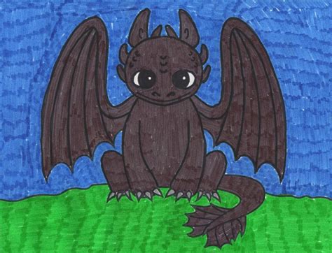 Draw two curves to show the big feet and thighs. How to Draw Toothless the Dragon · Art Projects for Kids