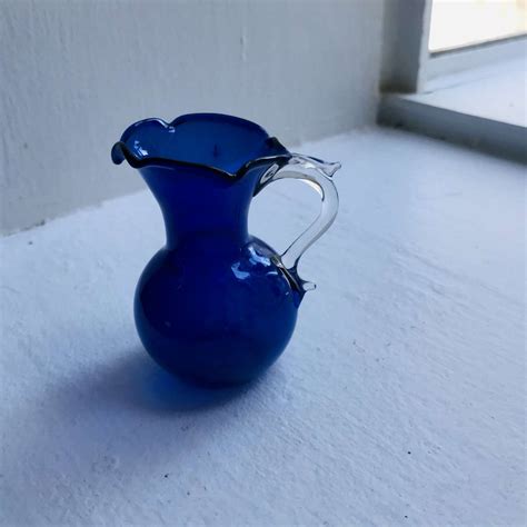 Blown Glass Small Pitcher Applied Clear Ornate Handle Ruffled Top Cobalt Blue Farmhouse