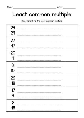 Least Common Multiple Of 2 Numbers Worksheet
