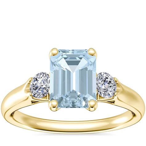 Classic Three Stone Engagement Ring With Emerald Cut Aquamarine In 18k