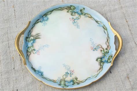 Early 1900s Vintage Hand Painted China Tea Or Dessert Plates Set Blue