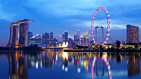 壁纸 新加坡城市景观，河流，夜晚，灯光，水中的倒影 3840x2160 Uhd 4k 高清壁纸 图片 照片