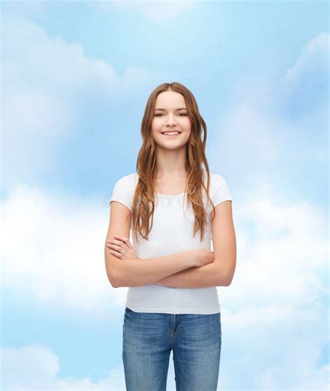Smiling Teenager In Blank White T Shirt Stock Photo Image Of Girl