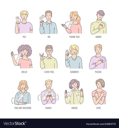 Vector Men Women Showing Basic Deaf Mute Sign Language Symbol Smiling