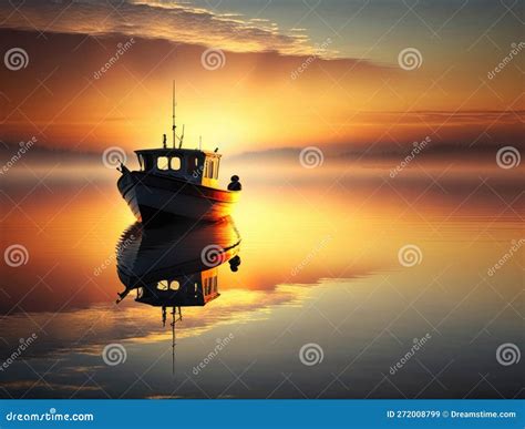 A Fishing Boat With A Golden Sunrise Setting On The Horizon Its