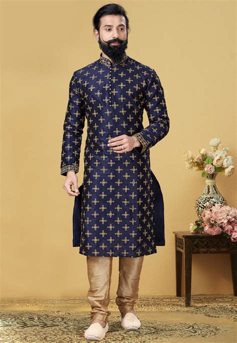 Embroidered Dupion Silk Kurta Set In Dark Blue Mdw75