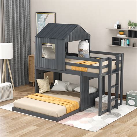 Wooden Twin Over Full Bunk Bed Loft Bed With Farmhouse Ladder And