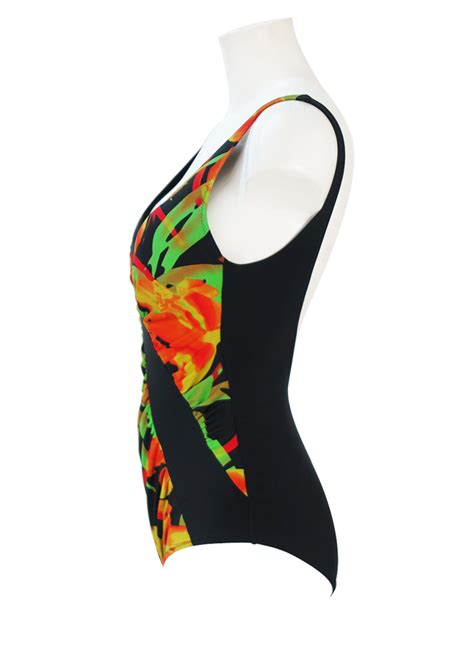 Black Ruche Detail Swimsuit With Orange Yellow And Green Tropical