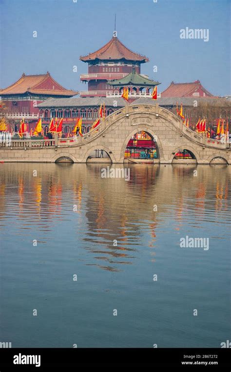 Stone Bridge And Traditional Style Buildings In Longting Park Kaifeng