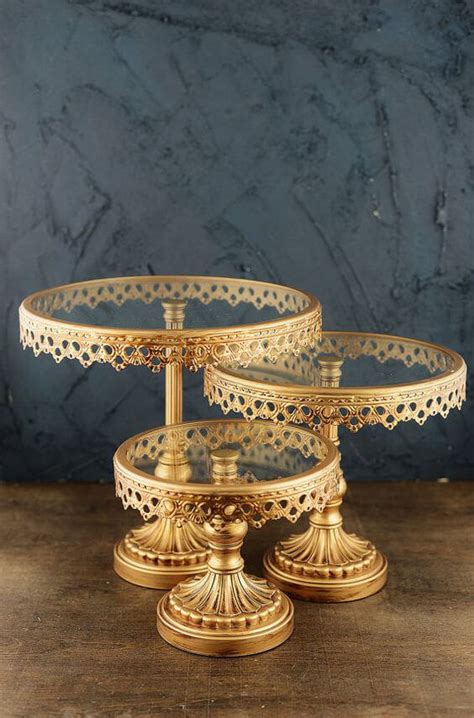 Custom marble pattern rectangular gold and glass tray for table decoration. 3 Gold Metal & Glass Cake Stands