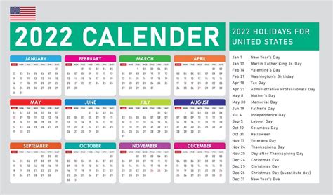 2022 Calendar For United States With Holiday 3123860 Vector Art At