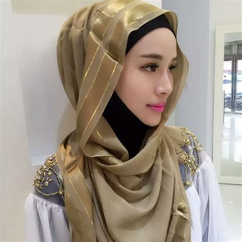 Fashion Muslim Scarf Gold Silk Long Shawl Headband Women Muslim Hijab