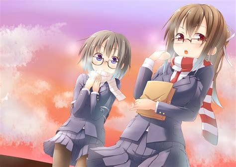 2girls Blue Eyes Blush Brown Hair Food Glasses Original Pantyhose Red Eyes Scarf Seifuku