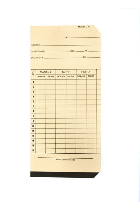 Tarjeta checadora quincenal vertical T-2 - Tarjetas para relojes