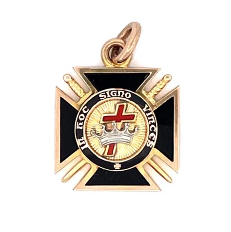 Knights Templar 10k Gold Maltese Cross Onyx Inlay Blkredwh Enamel Fob