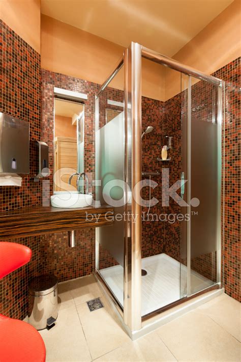 Modern Shower Cabin In Hotel Bathroom Stock Photos