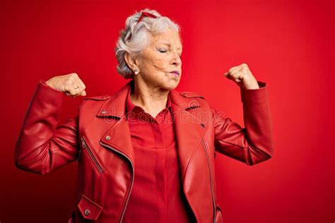 Senior Beautiful Grey Haired Woman Wearing Casual Red Jacket And
