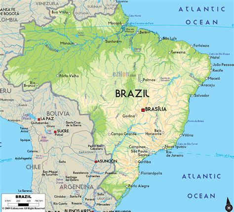 Large Physical Map Of Brazil With Major Cities Brazil South America