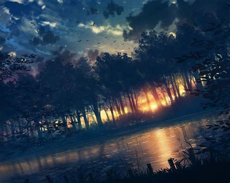 Anime Original Forest Water Reflection Sunset Tree Bird Cloud Wallpaper