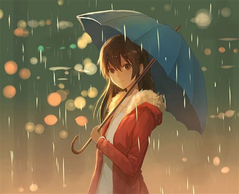 Wallpaper Illustration Anime Rain Umbrella Art Girl
