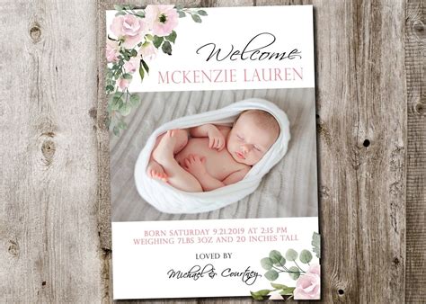 Custom Baby Girl Birth Announcement Card Watercolor Floral Etsy