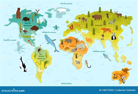 Divertida Caricatura Del Mapa Del Mundo Animal Para Niños Con Los