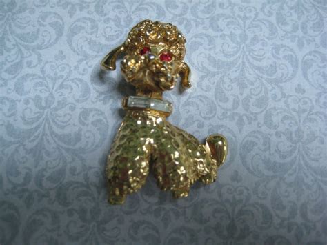 Vintage Poodle Brooch Pin Textured Gold Tone Red Rhinestone Etsy