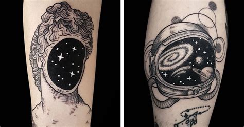 Showing pictures or images only in black.: Stars Collide in These Surreal Black and White Tattoos