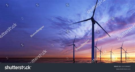 Closeup Offshore Wind Turbines Farm Sunset Stock Illustration