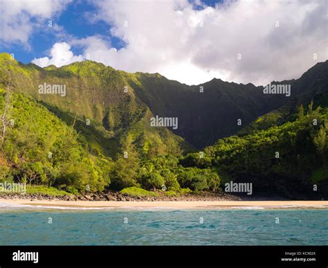 View Of Hanakapiai Beach On The Stunning Na Pali Coast On The Western