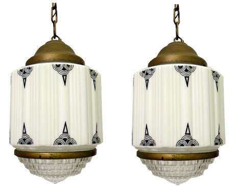 Pair American Art Deco Milkglass Geometric Pendant Lights Modernism