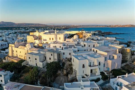 Greek Islands Aerial View Of The City Of Naxos Chora Its Port And