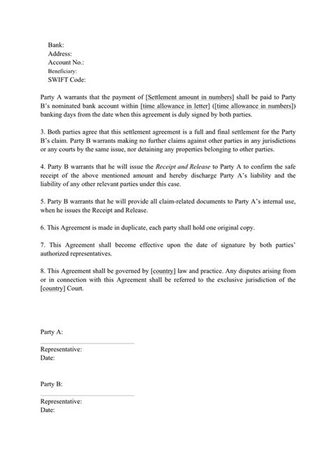 Settlement Agreement Template In Word And Pdf Formats Page 2 Of 2