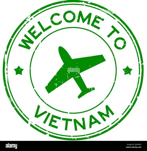 Grunge Green Welcome To Vietnam Word With Airplane Icon Round Rubber