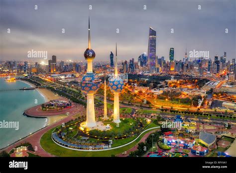 Kuwait Tower City Skyline Glowing At Night Taken In Kuwait In December